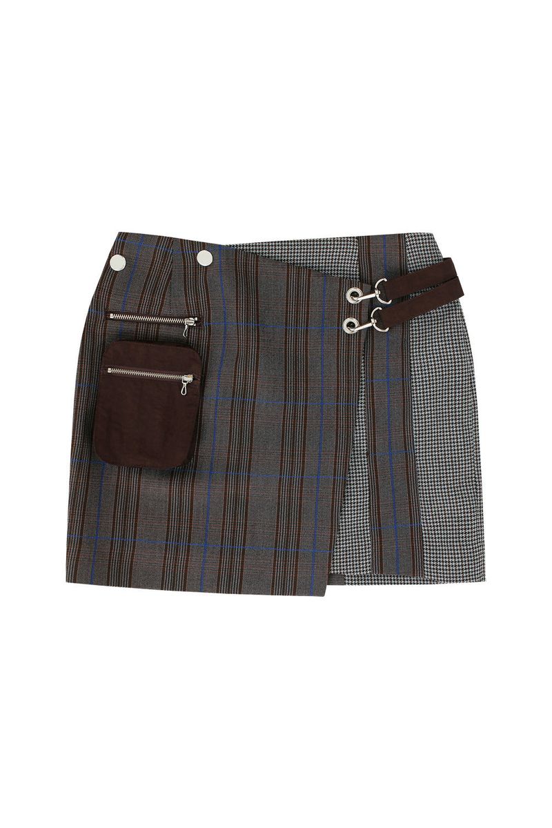 Check Panelled Mini Wrap Skirt _ Brown