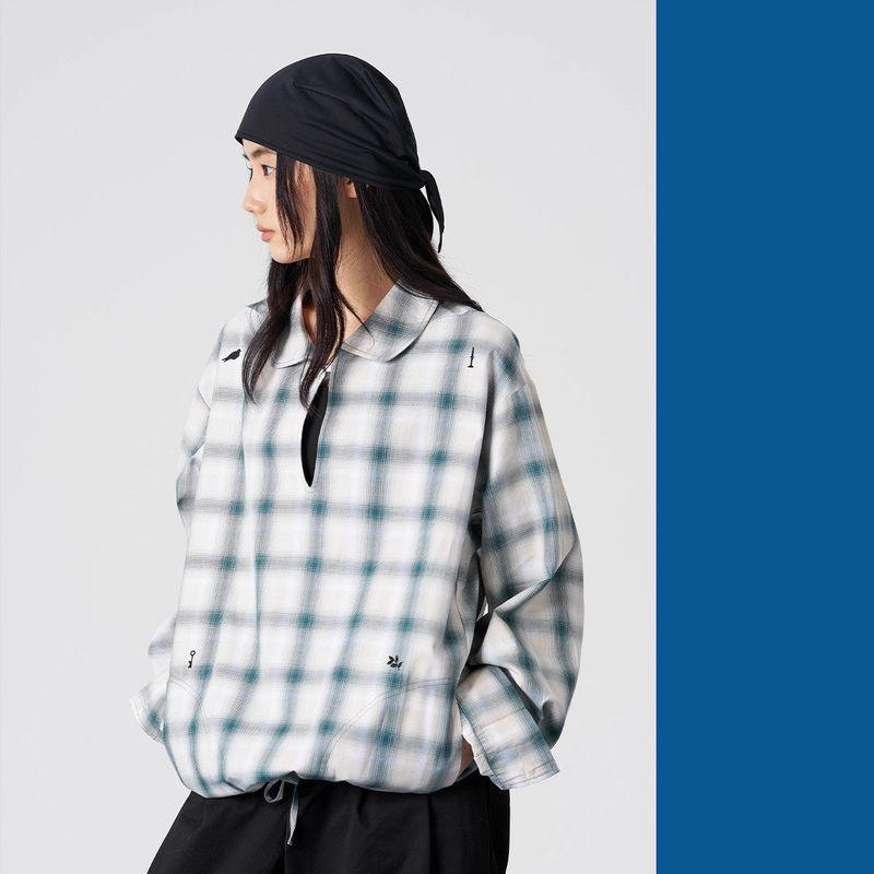 FMACM Collared Drawstring Plaid Shirt