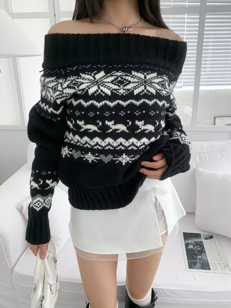 Snowfield Nordic Pattern Off-Shoulder Knit Top (Black)
