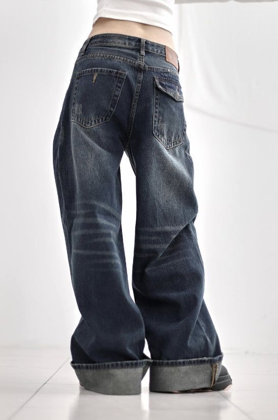Cuffed cat washing denim pants