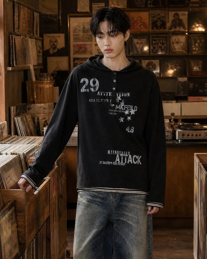 (UNISEX) Attack Henley Hooded Long Sleeve
