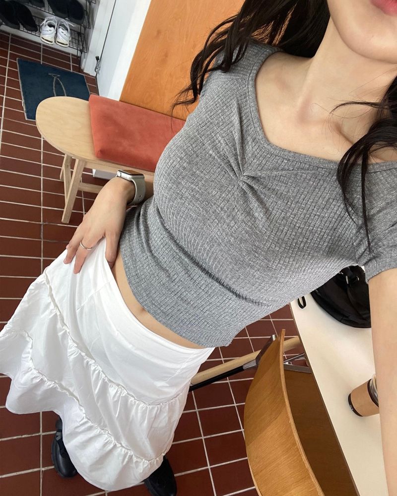 Pudie A-line Cotton Shirring Long Skirt 3C