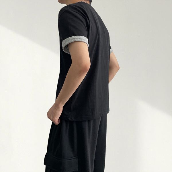 クリーカラーブロックレイヤードロールアップ半袖Tシャツ (8 colors)