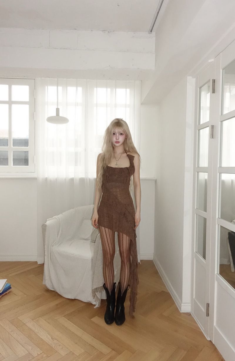 Brown Asymmetrical Ruffle Mini Dress
