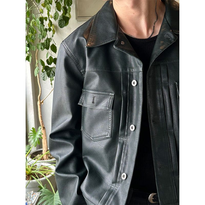  [F/W] Pin tuck leather trucker jacket(3color)