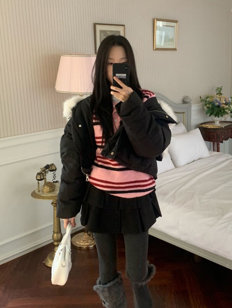 Ice Bloom Fur-Collar Duck Down Short Puffer