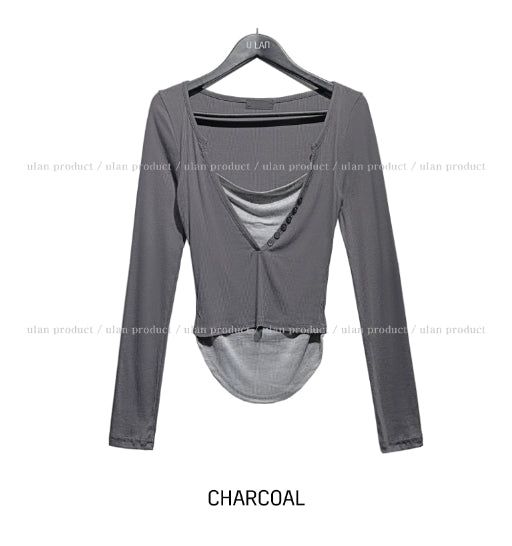 Ash Ribbed Deep Button Layered Long Sleeves