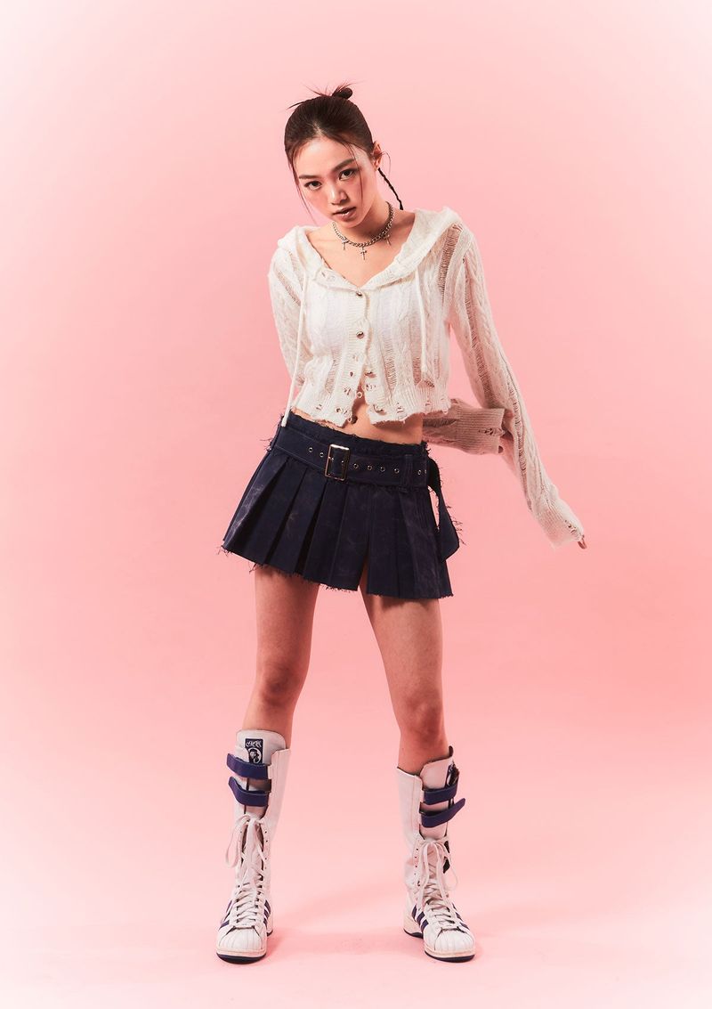 rough belted pleats sk - deep blue