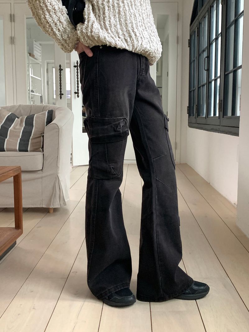Anton cargo pocket black and blue bootcut denim pants