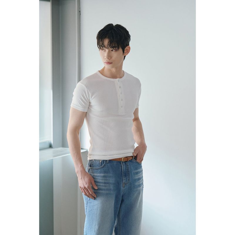 High ribbed henry neck half sleeves(Ivory)