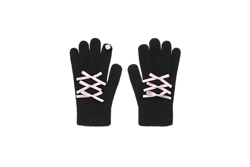 0 4 ribbon knit gloves - BLACK/PINK