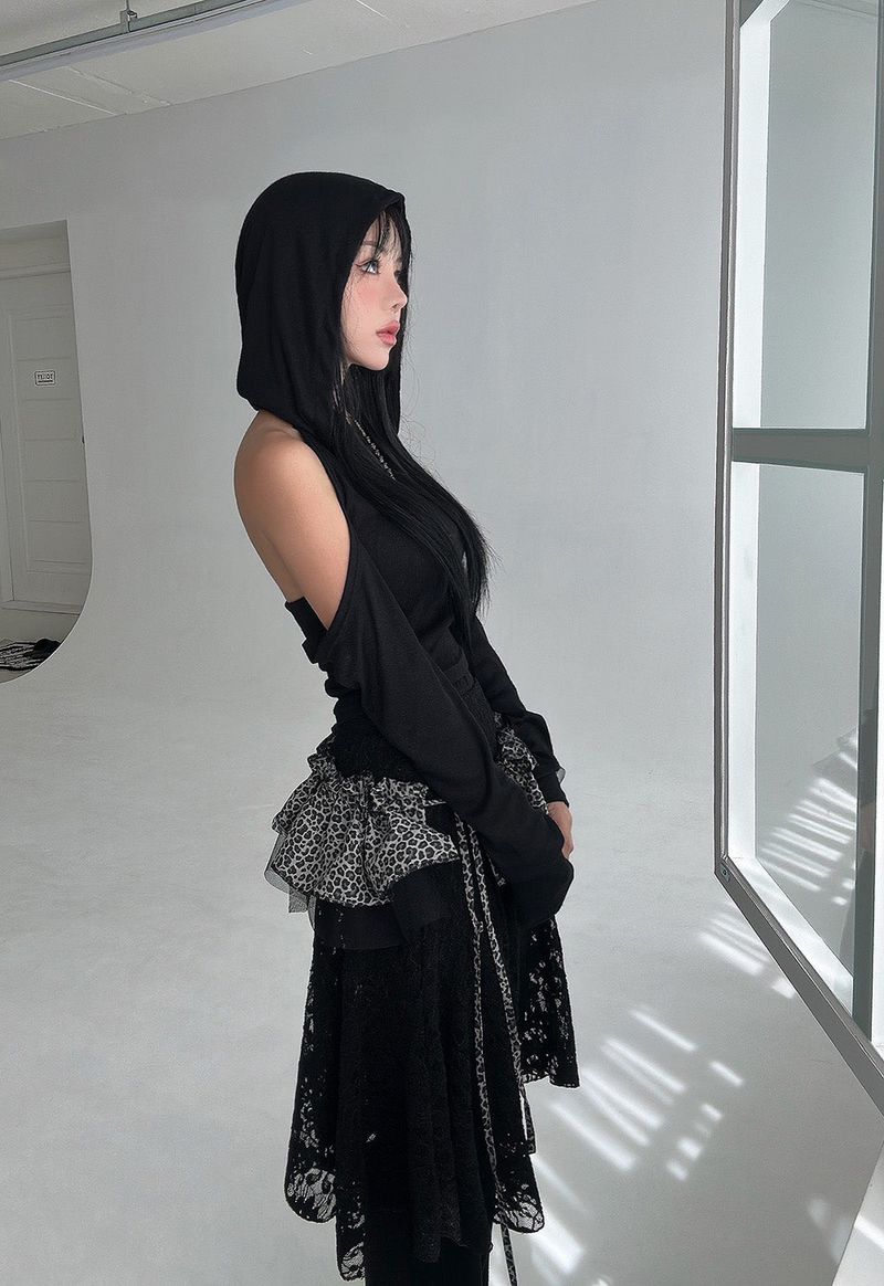 lace see-through layered midi skirt