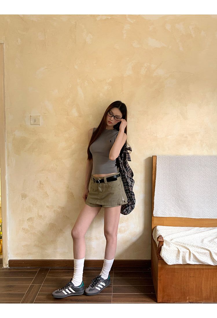 khaki cotton mini pants skirt