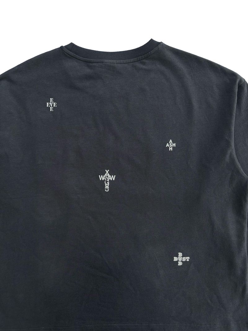 FLOCKED DENIM PATCHWORK EMBROIDERY TEXT PRINT WASHED AND DISTRESSED LONG SLEEVE T-SHIRT