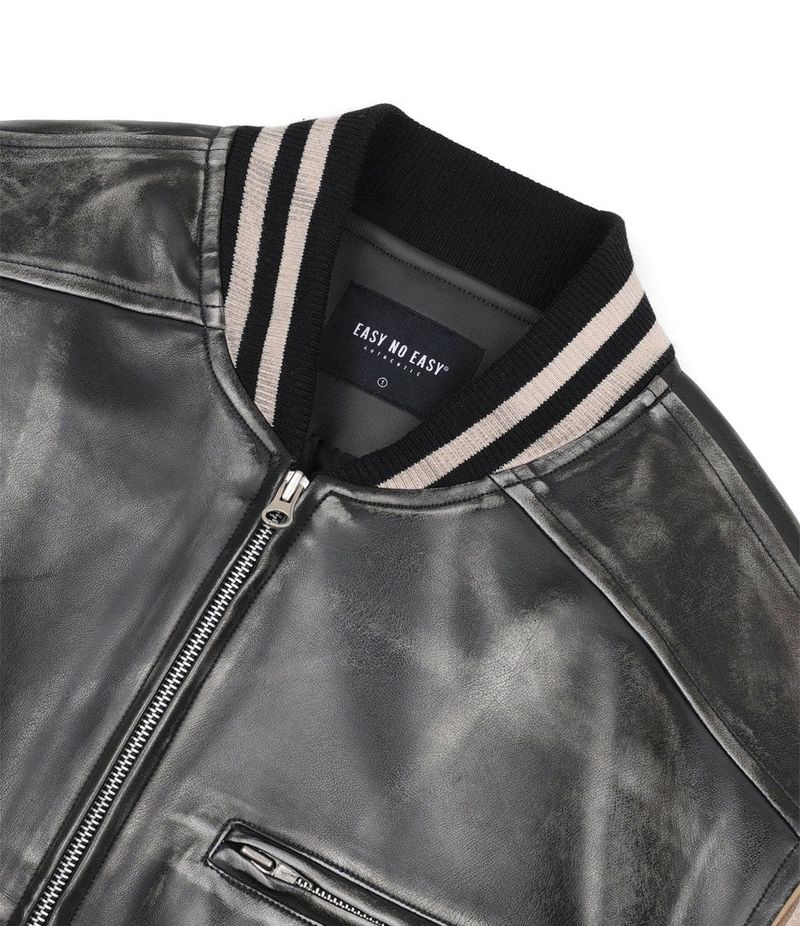 Dirty Washed Leather Varsity Jacket - Black