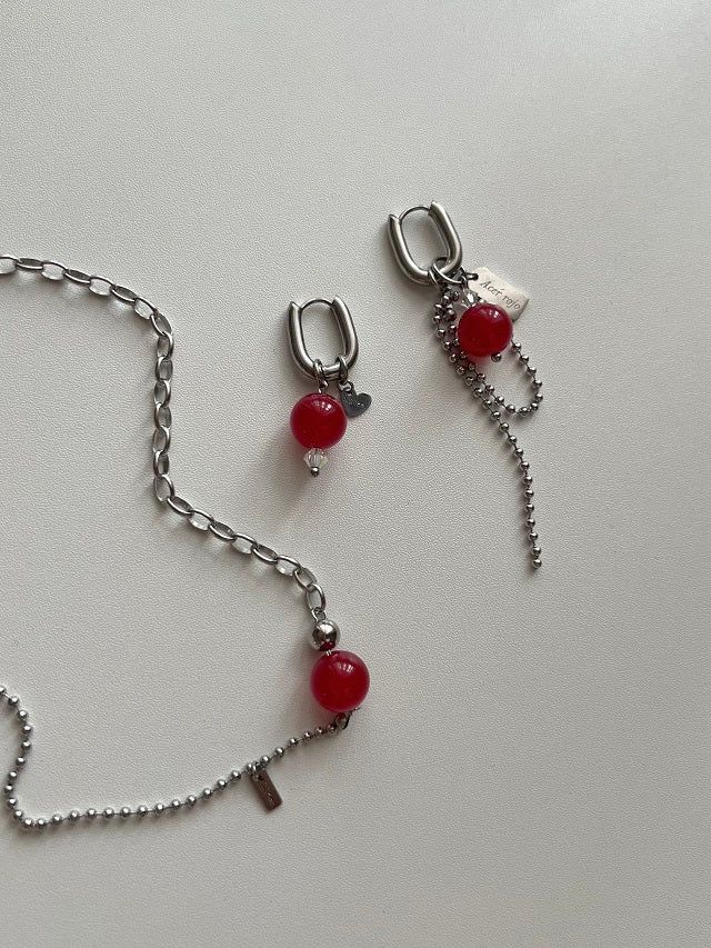 Ret Red Jade Stone Christmas Gift Recommendation Stainless Steel Bold Ball Layered Choker Short Beads Necklace