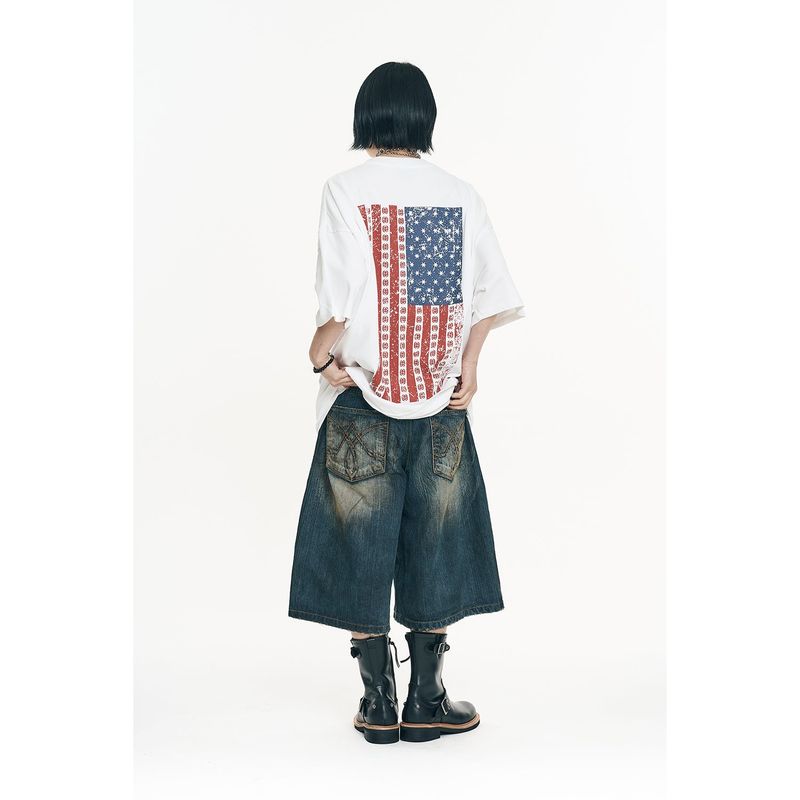 Oil-washed Bermuda denim pants - Deep Blue