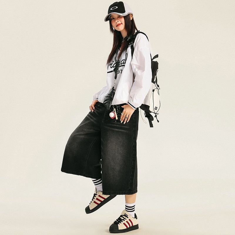 American retro loose-fitting washed distressed wide-leg capri pants