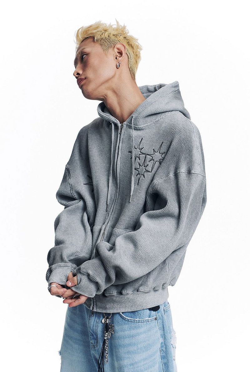 Washed Star Waffle Hooded Zip-Up - Grey