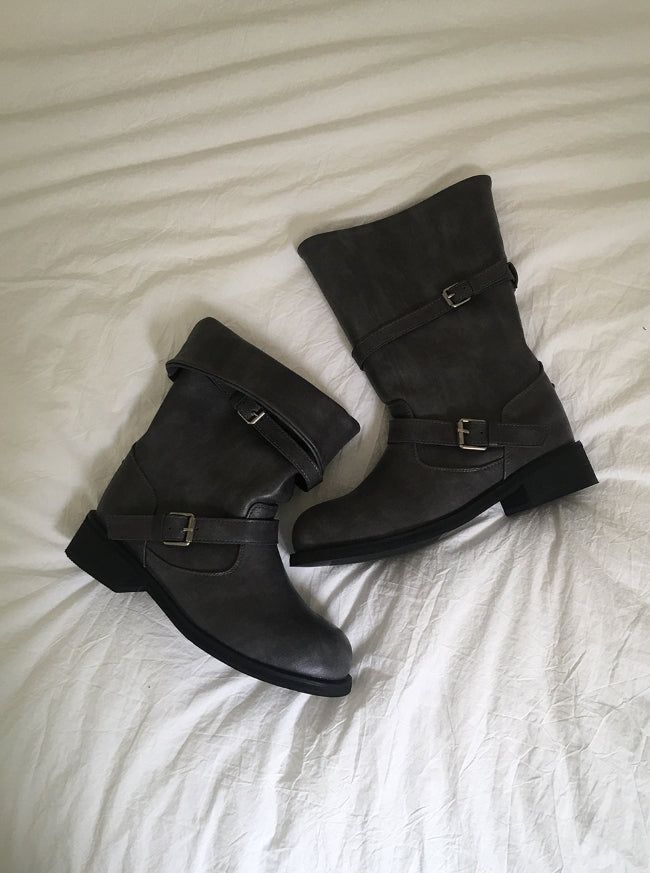 Two-Buckle Shirred Biker Boots
