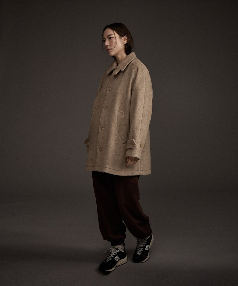 W BALMACAAN HERRINGBONE WOOL CASHMERE HALF COAT BEIGE