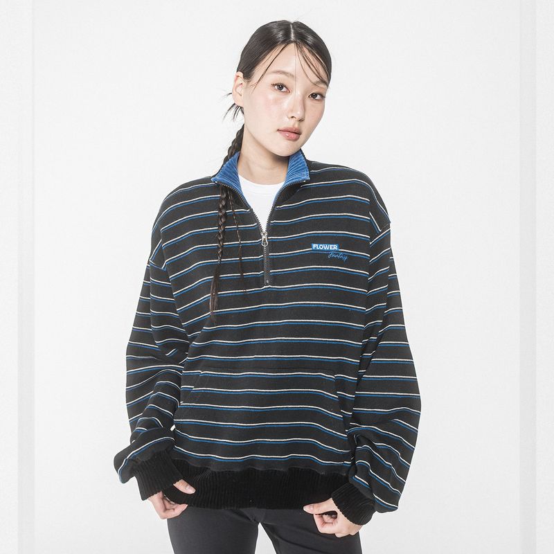HAVISM（ハヴィズム）の「FF STRIPE HALF ZIP UP SWEATSHIRT(BLACK)（Tops）」
