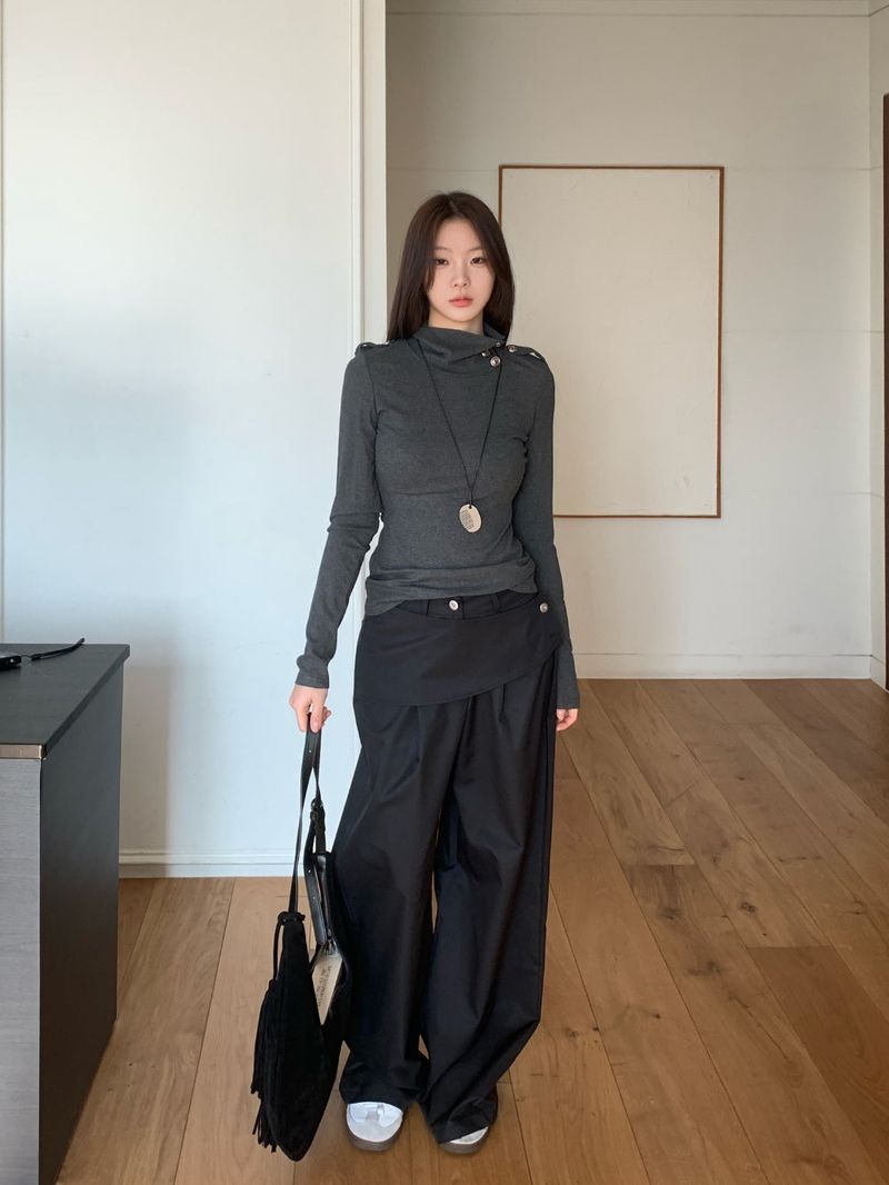Close Pintuck Wrap Two Button High Waist Long Wide Pants