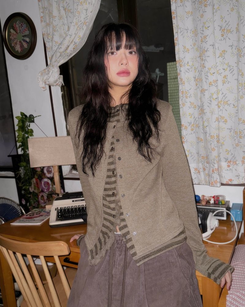 (3color) Ruffle Stripe Layered Cardigan