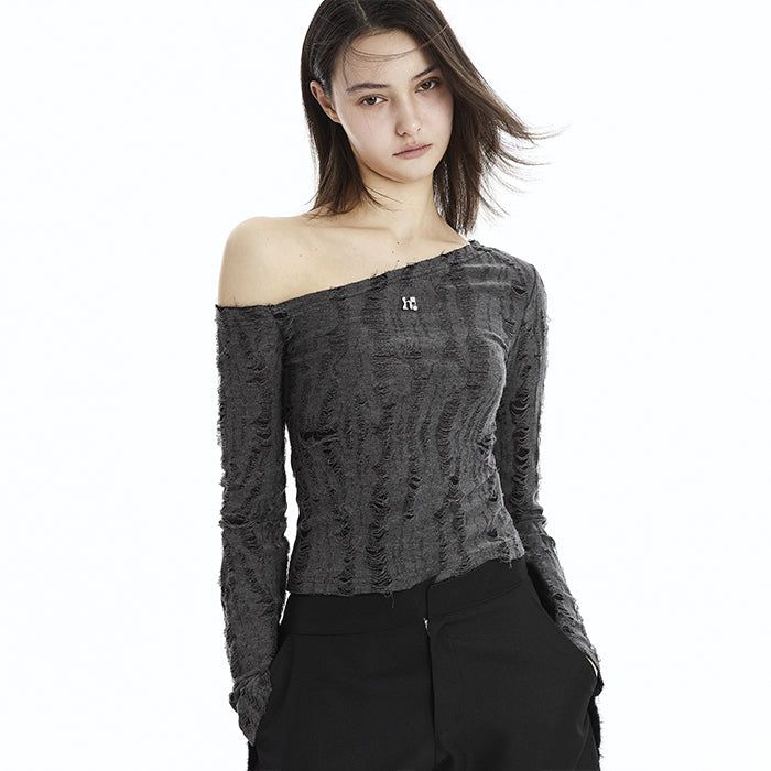Holy Symbol Ripped Off-shoulder Top_charcoal