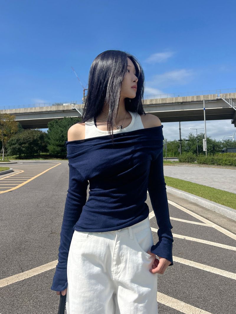 Layered shirring off-shoulder solid long sleeve knit top (3 colors)