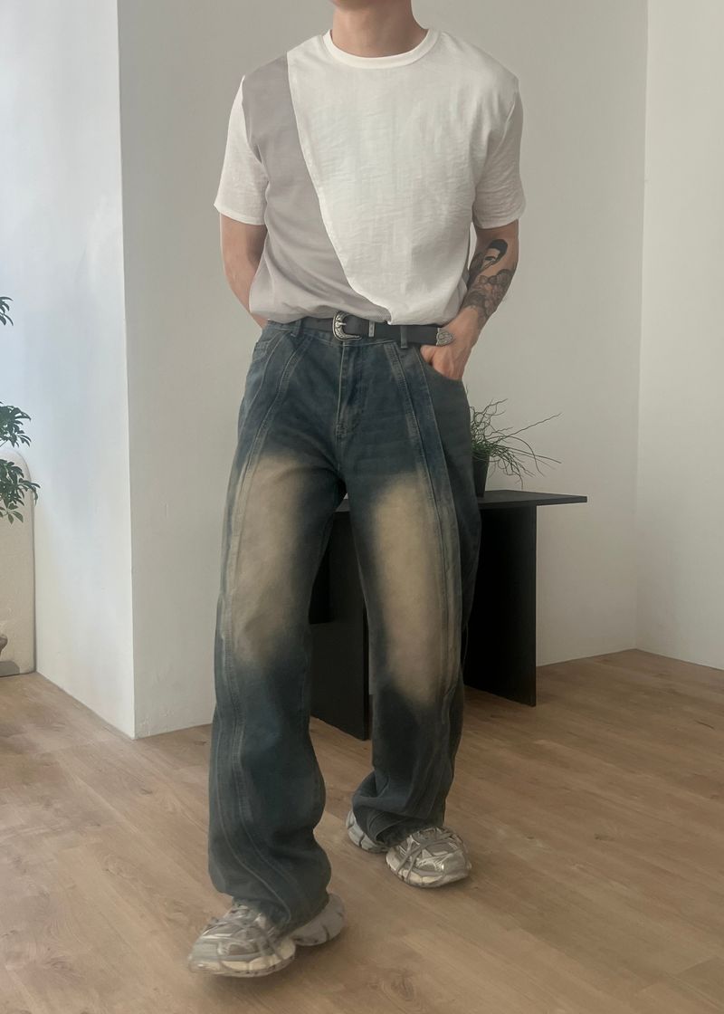 Wave-washed incision wide denim(2colors)