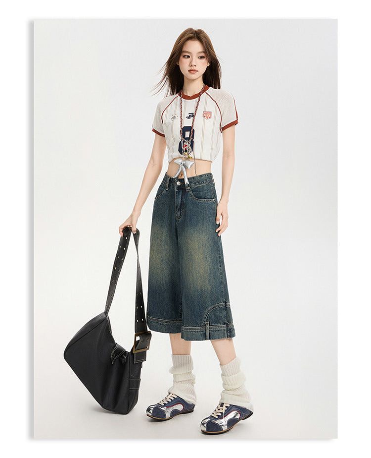 Reversed Detail Wide Denim Bermuda Pants