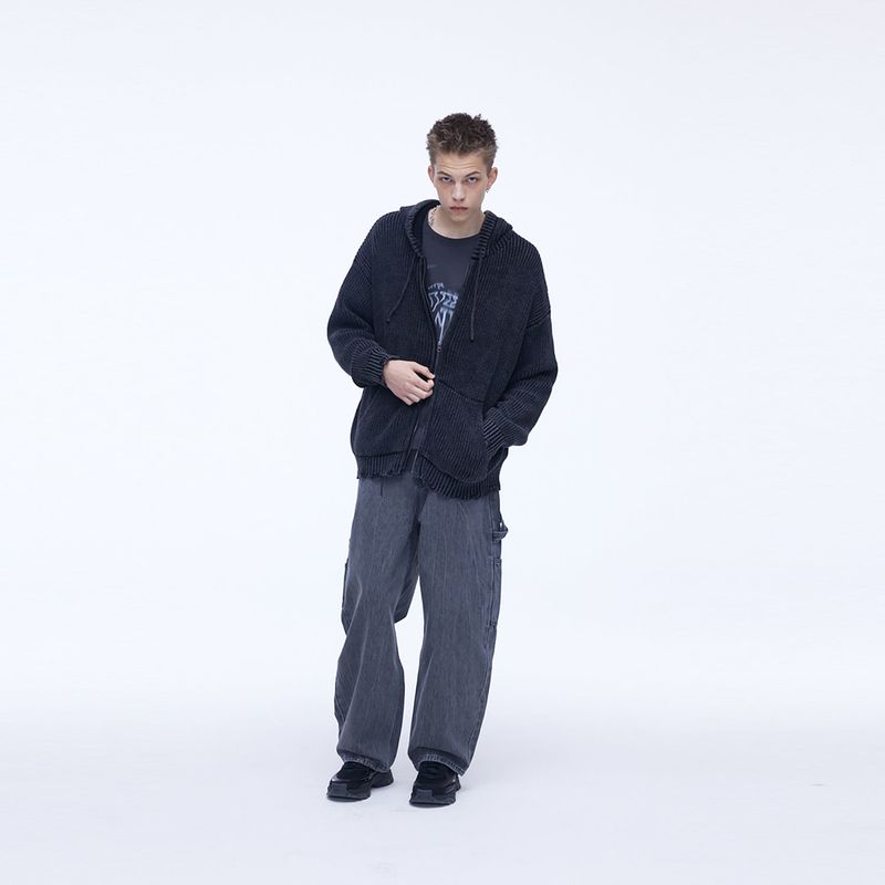 Curved Carpenter Crack Denim Pants Grey