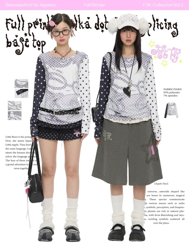 BETWEENAND Long-sleeved women’s top for spring, with a pixelated anime-style polka dot design; helps to slim the figure