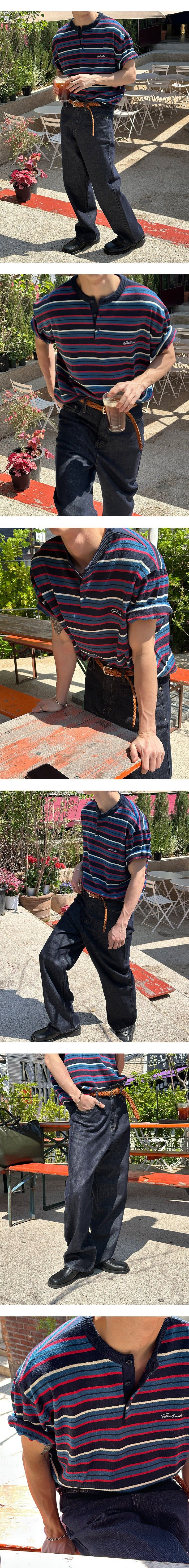 [S/S] Multi stripe henry neck half knit(3color)