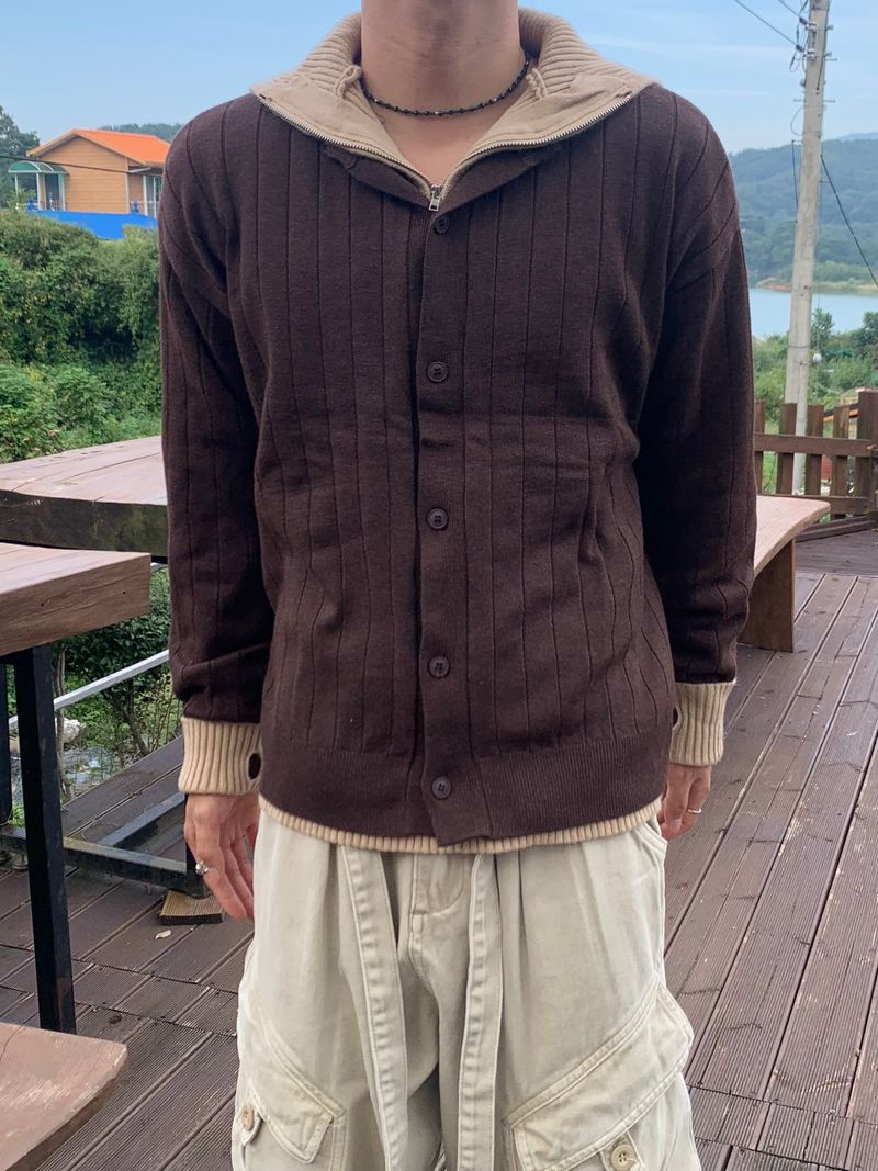 Rib Hood Half Zip-Up Knit