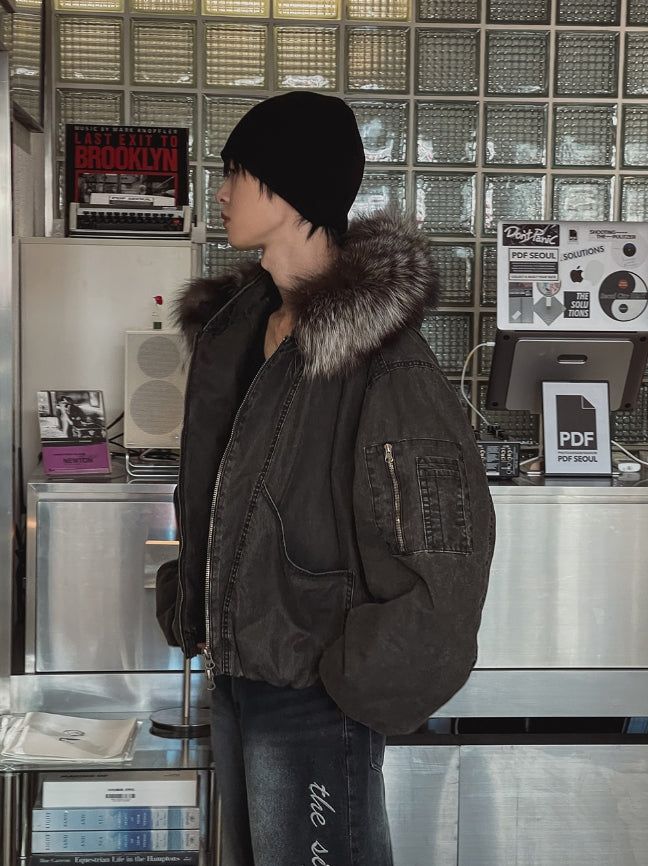 [LANARCH] Fox Fur Hood Bomber Jacket