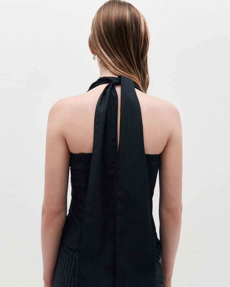 Wide Tie Stripe Halter Top _ BLACK