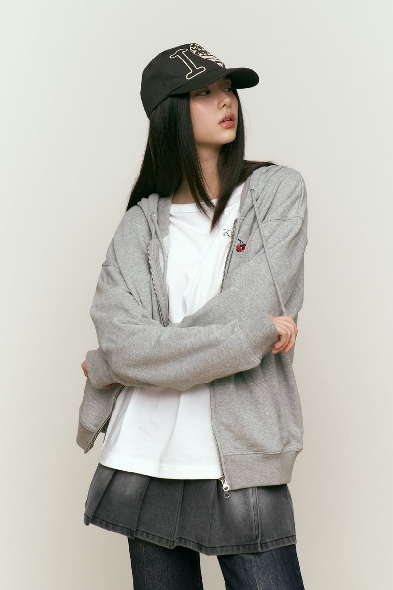 SMALL CHERRY REGULAR FIT HOODIE ZIP UP [MELANGE GRAY]