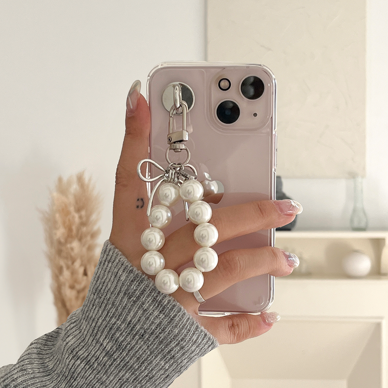 [handmade] silver ribbon pearl keyring (white)