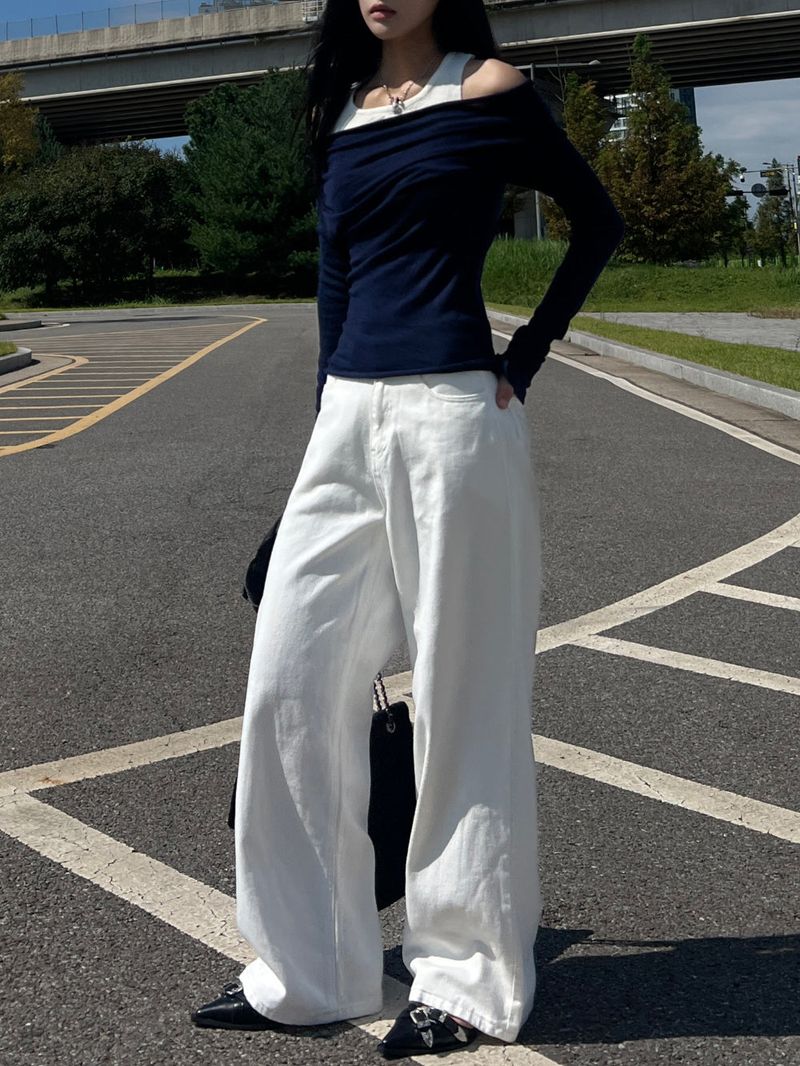Y2K Back Point X Strap Bijo Wide Loose Fit Denim Long Pants (White)
