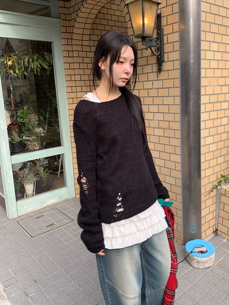 DAMAGE BOAT NECK LOOSE KNIT (3C)