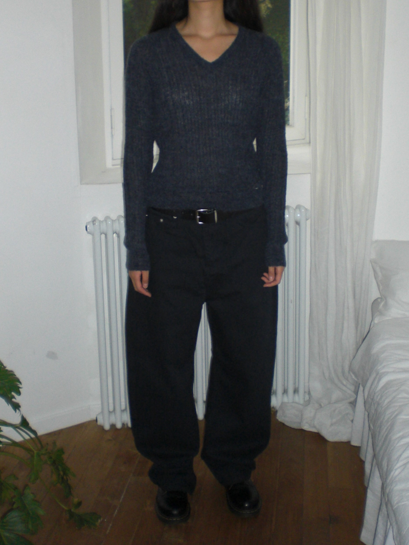 Curved wide cotton pants [Dark navy]