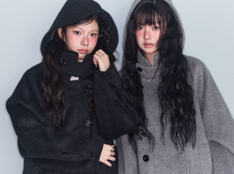 HOODED DOUBLE HALF COAT CHARCOAL