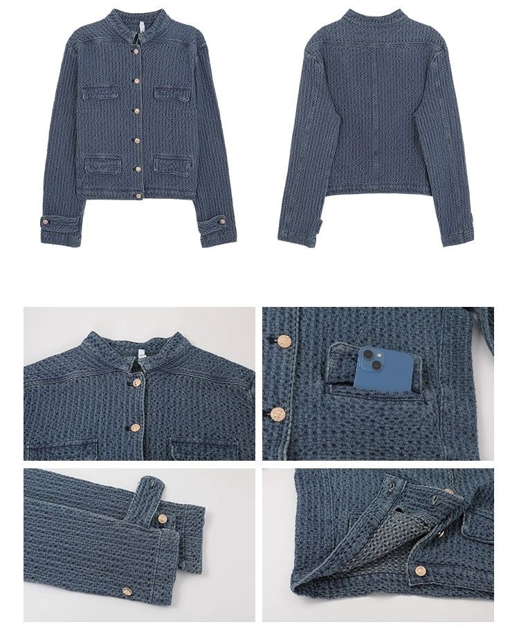 Blue casual gold button denim jacket