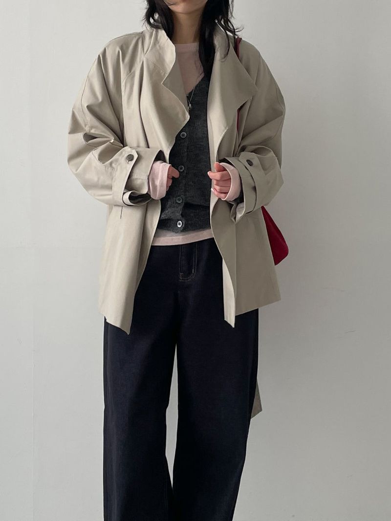 High-neck belted half trench coat