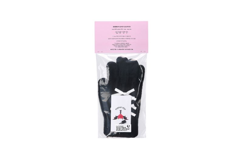 0 4 ribbon knit gloves - BLACK/WHITE