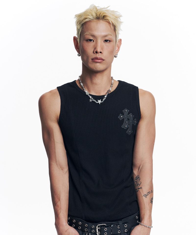 Cross Leather Patch Sleeveless - Black