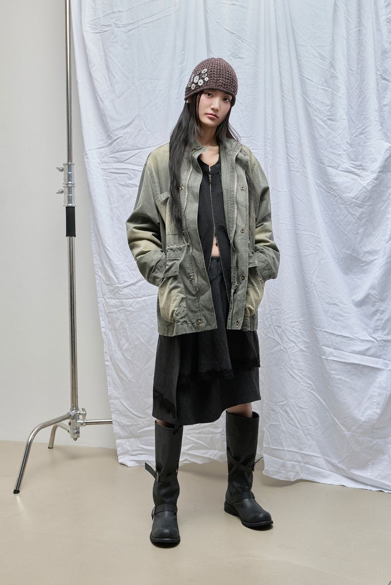 Washed High-Neck Field Jacket_Khaki