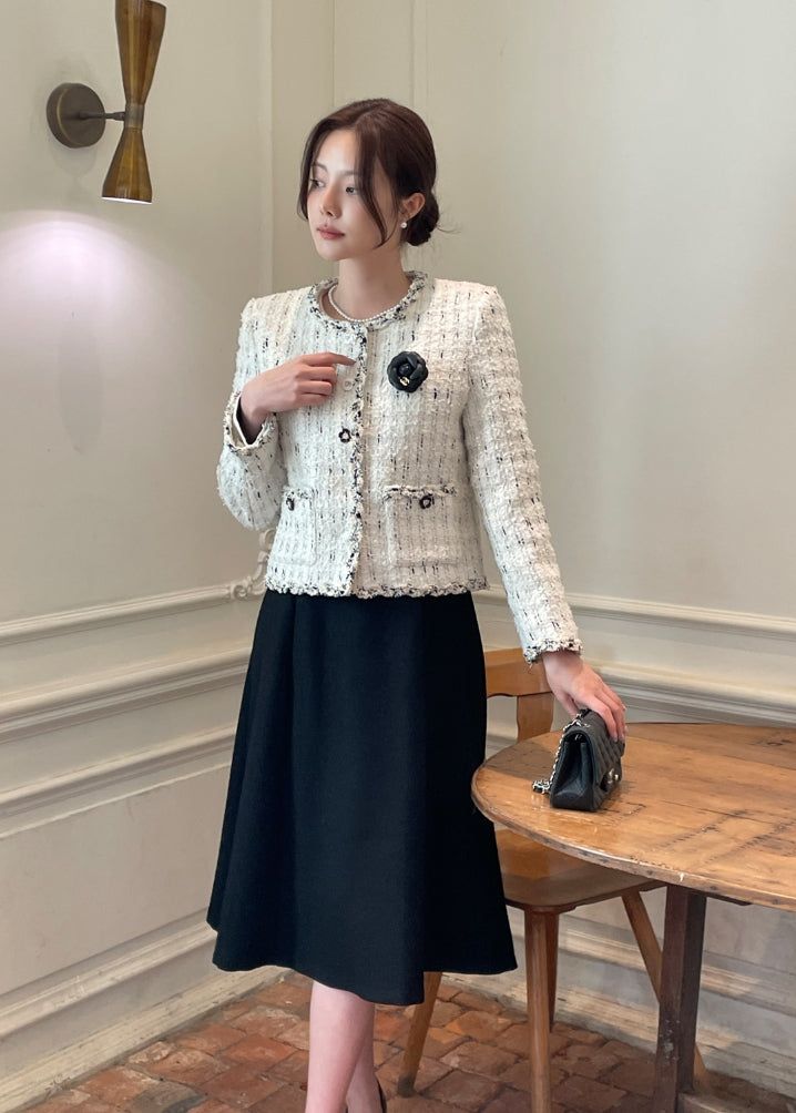 Tiang Round Color Matching Tweed Jacket (Brooch Set)